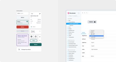 On the left, there's a group of user interface components that are sharing a common visual language. On the right, there's a button component with the corresponding controls, inside Storybook