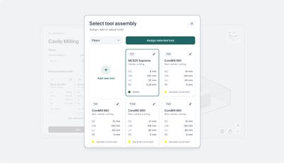 There's another screen of the early visual concept. This one displays a modal, where you can find and select the right tool for the machining operation.