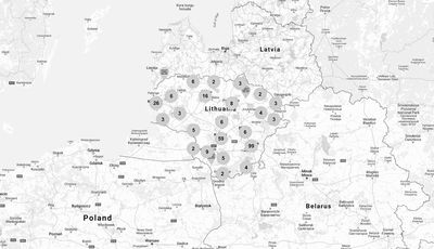 A map of Lithuania, highlighting locations of self-service terminals. Most of the terminals are located in the largest cities, but there are also terminals all accross, from small towns to villages.