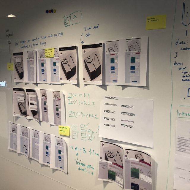 Wall filled with printed design mockups, handwritten notes, and sticky notes.