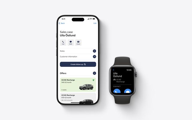Mobile and smartwatch interfaces showing an app for Volvo Cars, with customer details, offers, and follow-up actions.